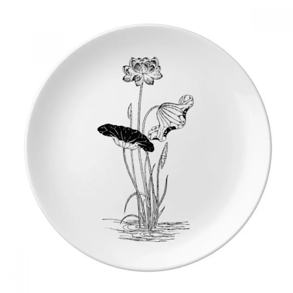 

Lotus Flower Water Black White Plant Dessert Plate Decorative Porcelain 8 inch Dinner Home