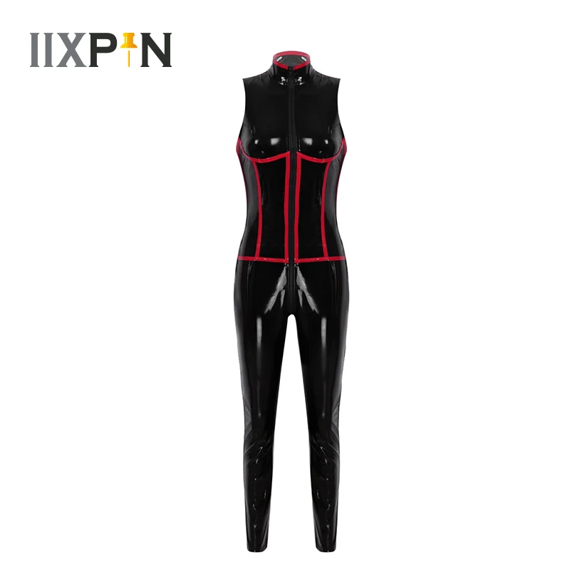 

Hot Women Catsuit Sexy Bodysuit Lingerie Glossy Patent Leather Sleeveless Zippered Bust And Crotch Leotard Bodysuit Jumpsuit