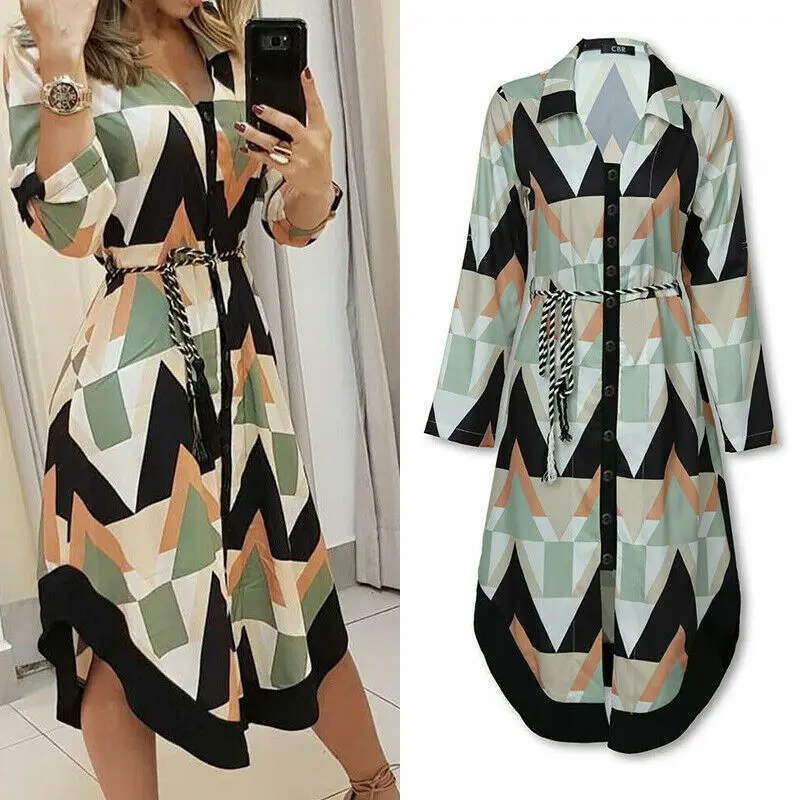 

Hirigin Women's Shirt Dress Spring Autumn Lady Cover Up Wave Print Long Sleeve V-Neck Casual Loose Holiday Midi Dress Sundress