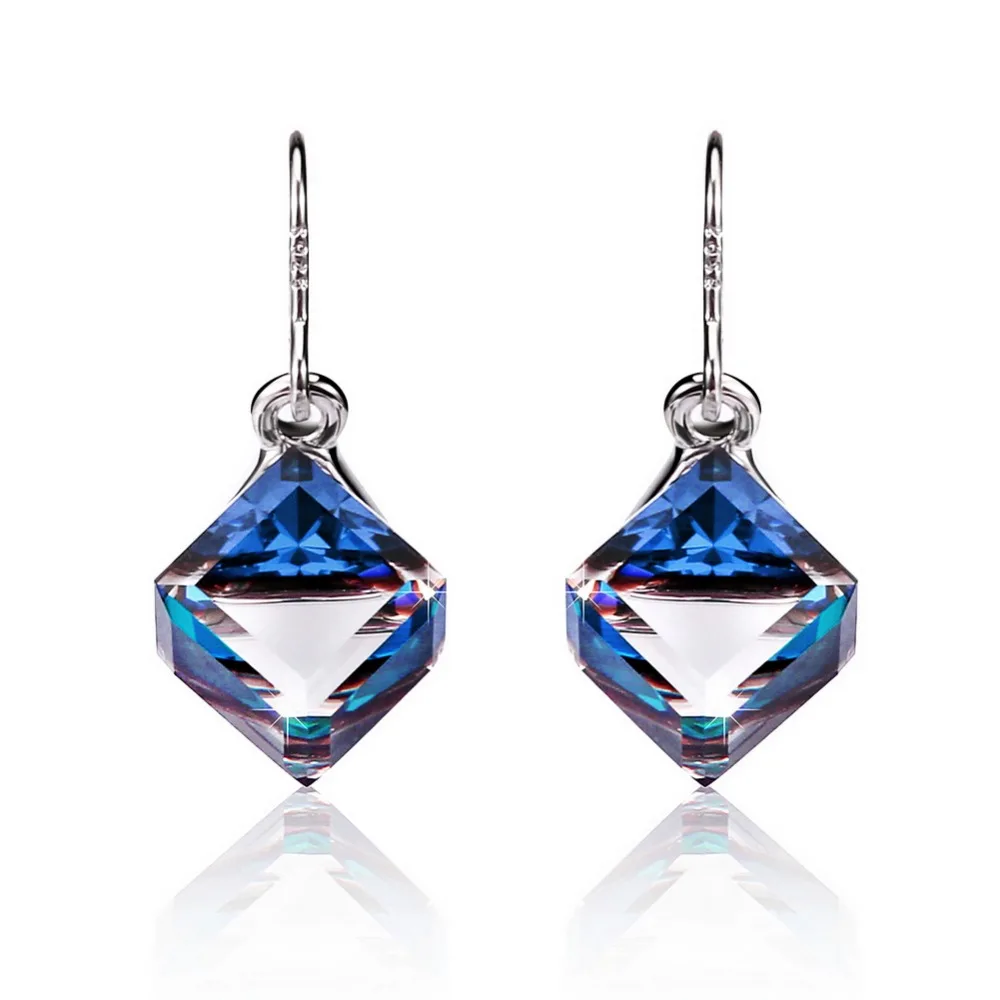 Женские серьги подвески с кристаллом Swarovski из серебра 925 пробы квадратным кубом