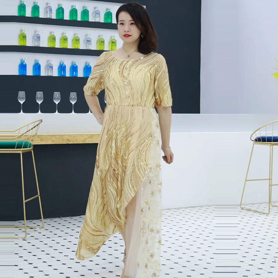 Длинные Выпускные платья размера плюс с О-образным вырезом, Vestidos De Gala DX072 Стильные Золотые платья с пайетками Для женщин вечерние Ночное платье с разрезом для выпускного вечера