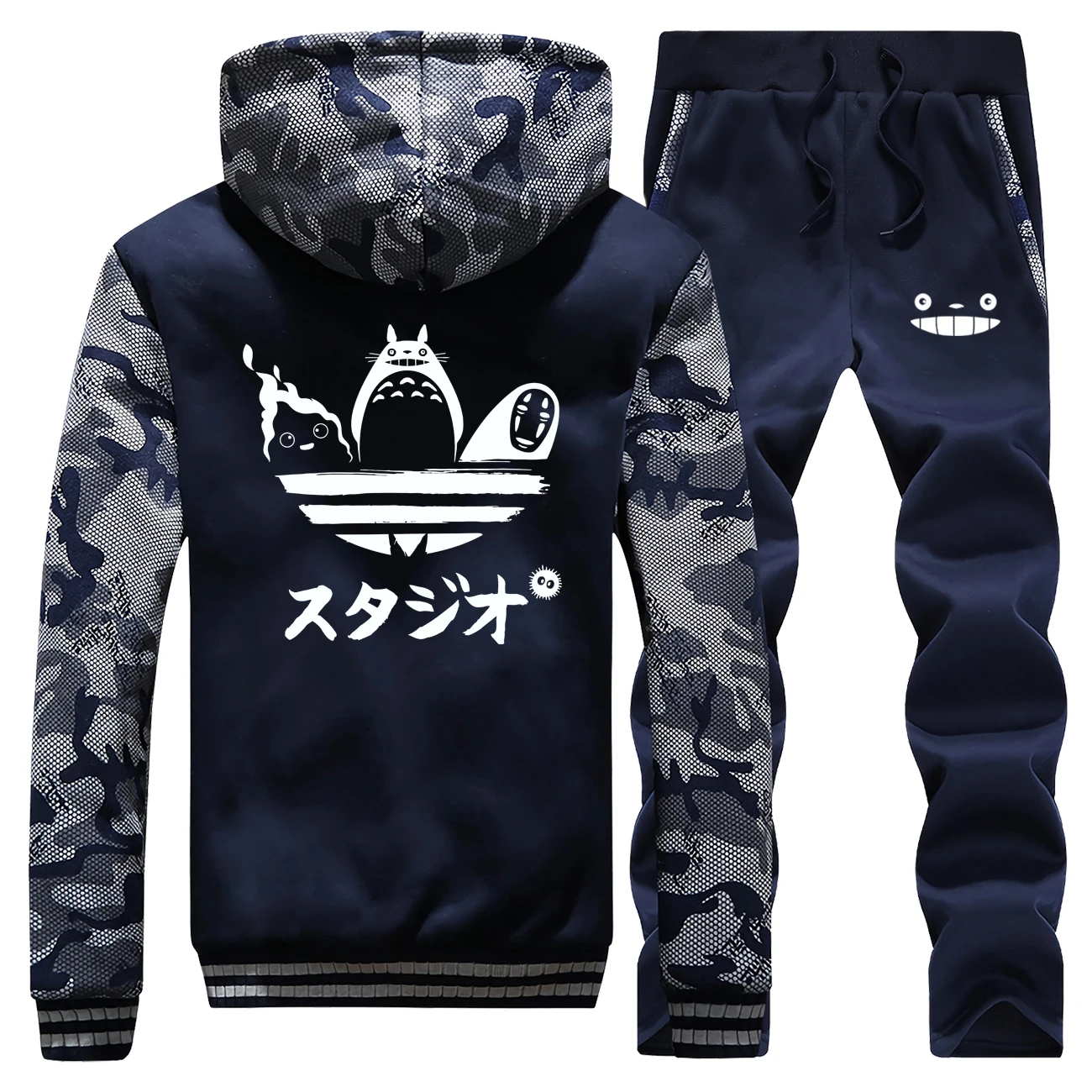 Spirited Away Totoro принт толстый свитер с капюшоном+ штаны, 2 предмета в комплекте, с рисунком Безликий из толстовки с капюшоном и с рисунком из аниме Мужская одежда спортивный костюм свободного покроя, на зиму
