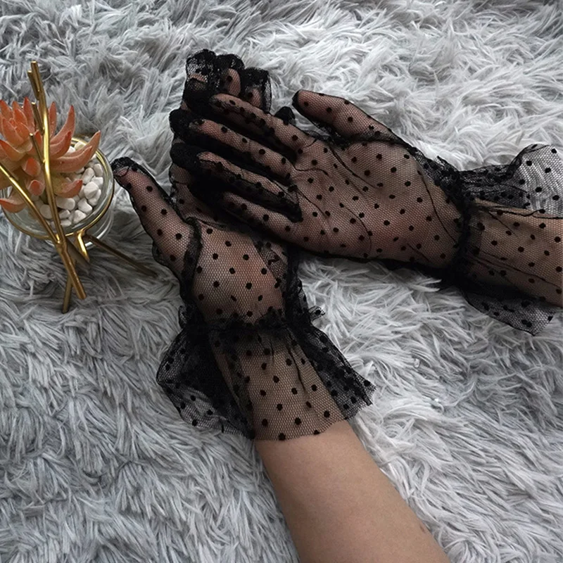 

Casual Lace Gloves Women Short Tulle Gloves Stretchy Lace Spots Lotus Leaf Sheers Flexible Full Finger Grace Mesh Glove