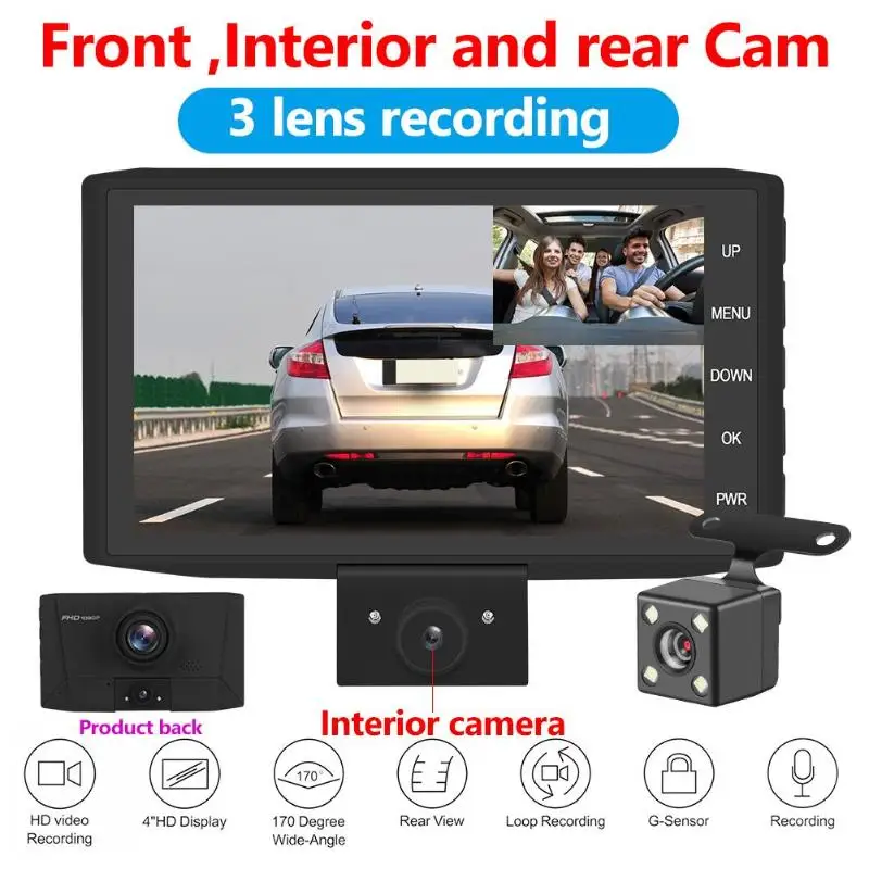 VODOOL 505 " 3 объектива Автомобильный видеорегистратор камера Full HD 1080P три пути Dashcam авто видео рекордер g-сенсор ночного видения видеорегистратор
