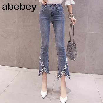 

Plus Size Flare Jeans For Women Beaded Tassel High Waist Elastic Slim Denim Pants Ankle Length Femme Trousers Boyfriend L3201