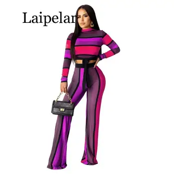 

two piece sent women casual stripe slim Long Sleeve crop Tops T-Shirt + Wide leg pants suit femme outfit sport tracksuit