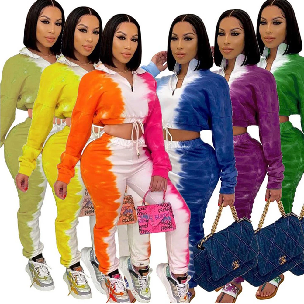 

2020 Women's Set Jogger Set Gradient Print Tracksuit Long Sleeve Autumn Streetwear Two Piece Set Top and Pants Matching Sets