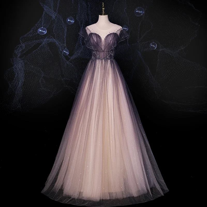 

Evening Dress Sequins Luxurious Ruffles Short Sleeves Floor-Length O-Neck Appliques A-Line New Party Formal Dresses Woman B1109