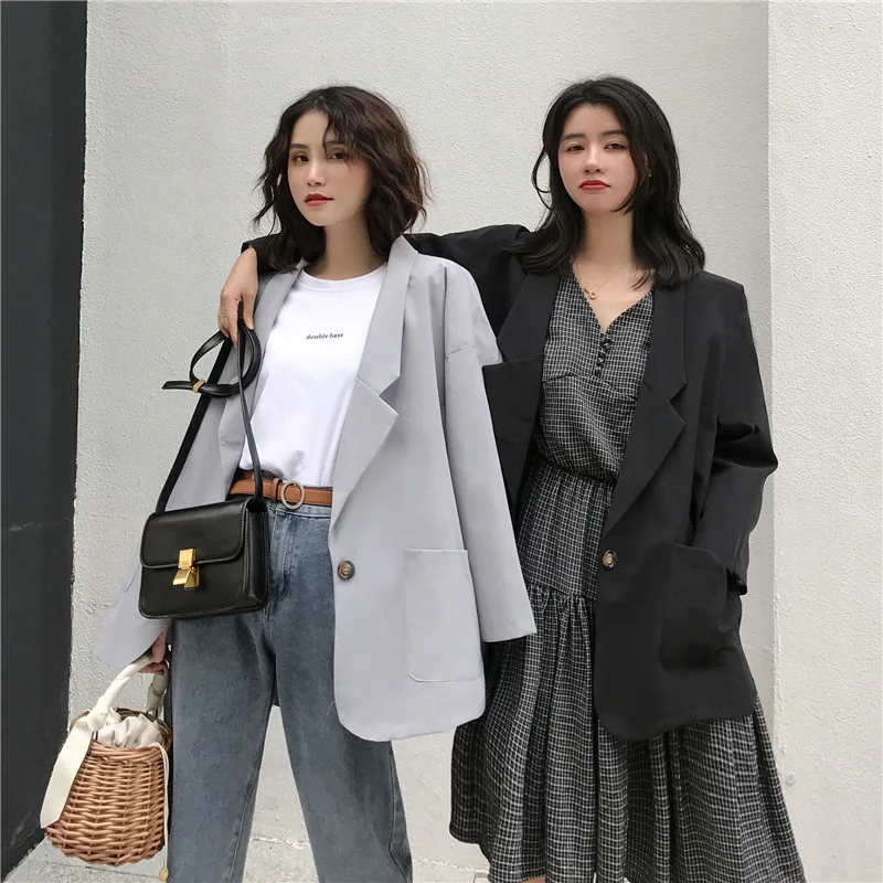 

2019 Autumn New Style Retro Hong Kong Flavor Mid-length Suit Loose-Fit Versatile Casual Suit Simple Coat Tops Women's