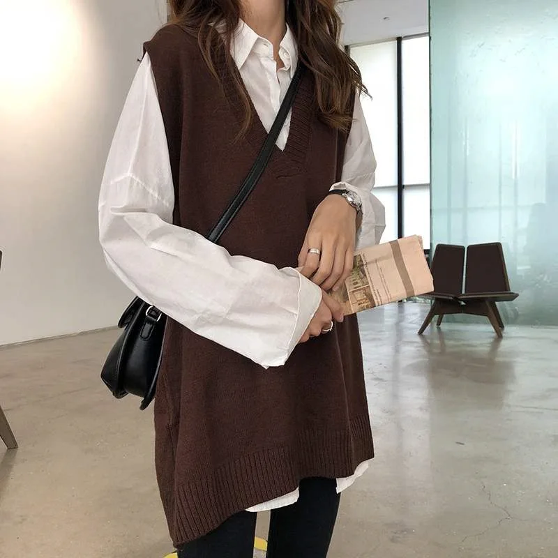 

Sweater Vest Women Solid V-neck Loose Plus Size 3XL Simple Classic Elegant Office Ladies Vests Ulzzang Chic Leisure New Knitting