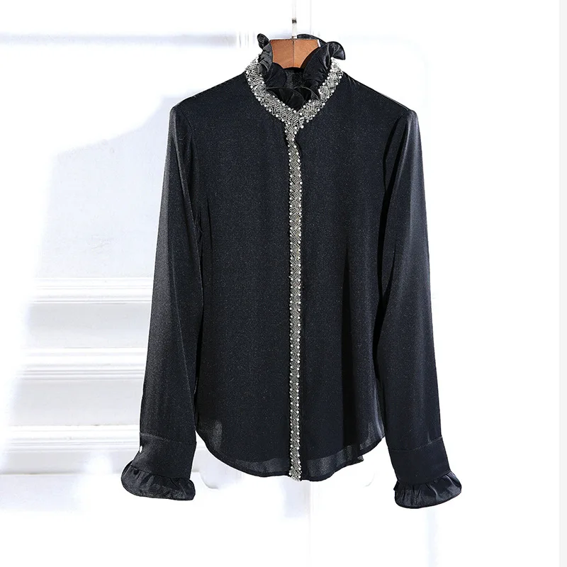 

2020 Spring New Women's Luxury Real Silk 97% Shirts Ruffles Collar Beading Blouses and Tops Elegant Female Clothes