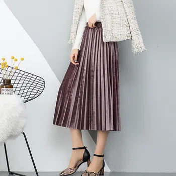 

Women Skirt OL Pleated Mid-Calf Skirts Autumn Winter Gold Velvet Solid Color Skirts female High Waist Skirt Fashion Wild