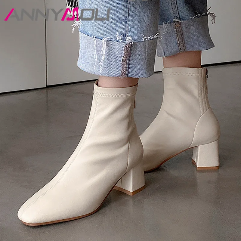 

ANNYMOLI Square Toe Ankle Boots High Heel Woman Boots Thick Heel Short Boots Zip Female Shoes Autumn Winter White Large Size 40