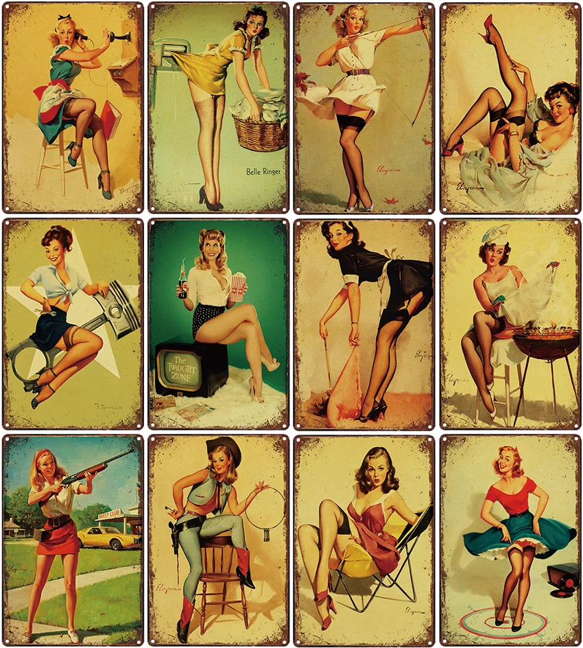 

World War II Sexy Pin up Girl Metal Poster Plaque Metal Vintage Metal Sign Tin Sign Wall Decor for Bar Pub Club Iron Painting