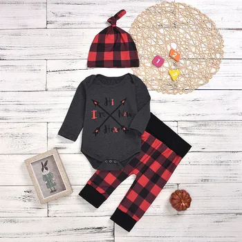 

Infant Baby Boy Girl clothes ropa niña одежда для новорожденных Letter Jumpsuit Romper+Plaid Pants+Hat Outfits Sets #4