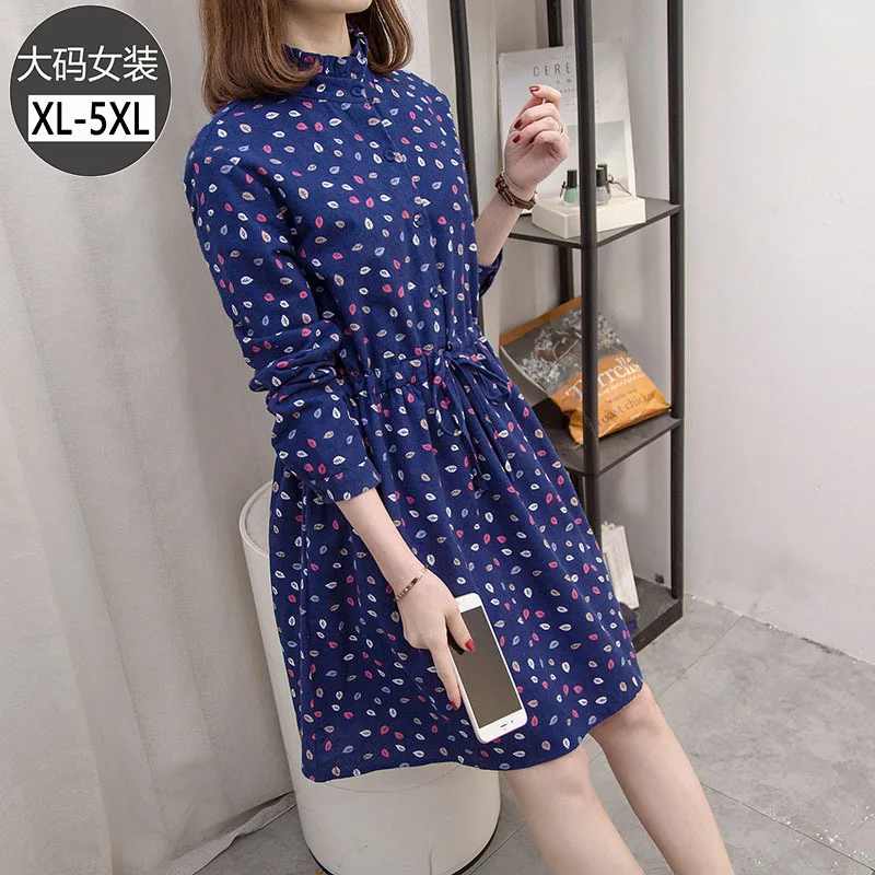 

2020 Spring Large Size Dress Fat Mm Literature And Art Small Floral Waist Hugging Long Sleeve Lace-up Mid-length Floral Printed