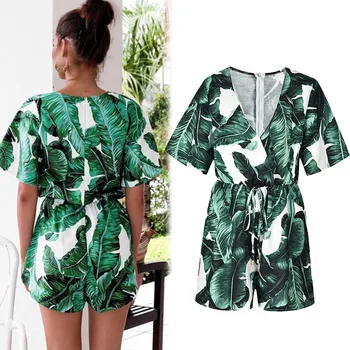 

Fashion Sexy Rompers Women Jumpsuit Playsuit Summer Leaves Printing Short Sleeve V Neck Short Overalls Female Clothes Hot