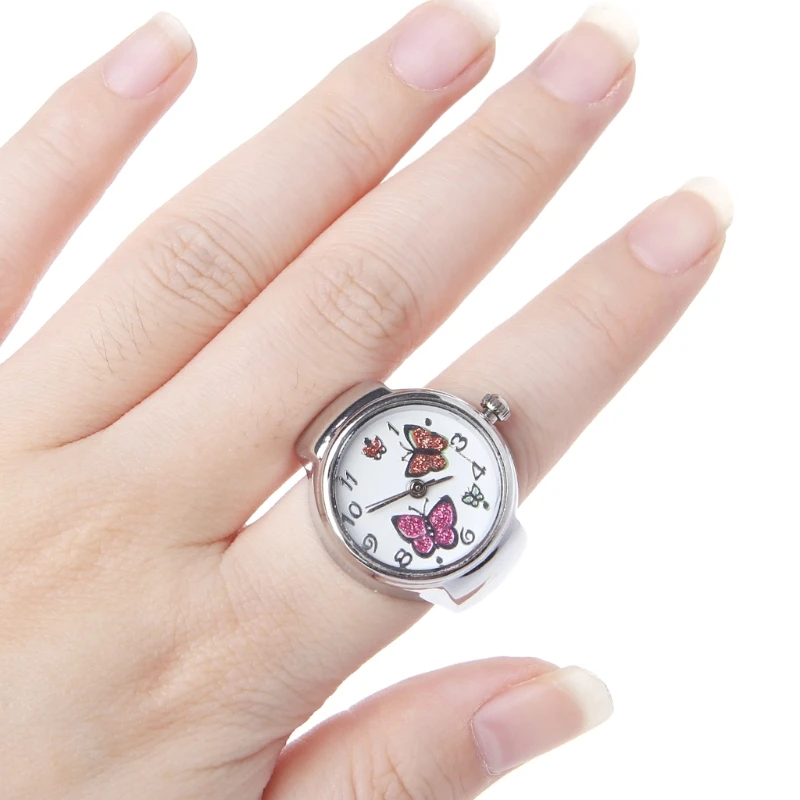 Женщины циферблат Кварцевые Аналоговые палец кольцо часы Бабочка Эластичный подарок Творческий сталь