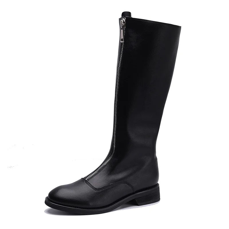 

winter new Italian handmade luxury first layer cowhide thick heel high zip Women's black knight boots Riding boots Look mature