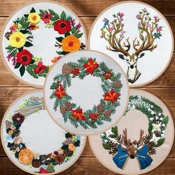 

6 Types DIY Embroidery Flower Handwork Needlework for Beginner Cross Stitch Kit Painting Embroidery Hoop Home Decoration