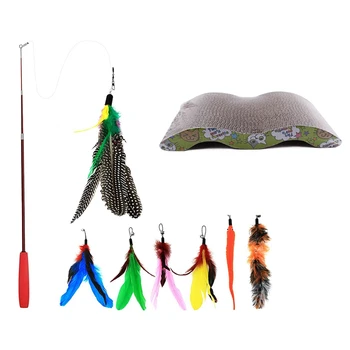 

1 Pcs 43X21cm Cat Scratcher Corrugated Scratching Board & 1 Set Retractable Cat Toys Feather Teaser Wand Toy