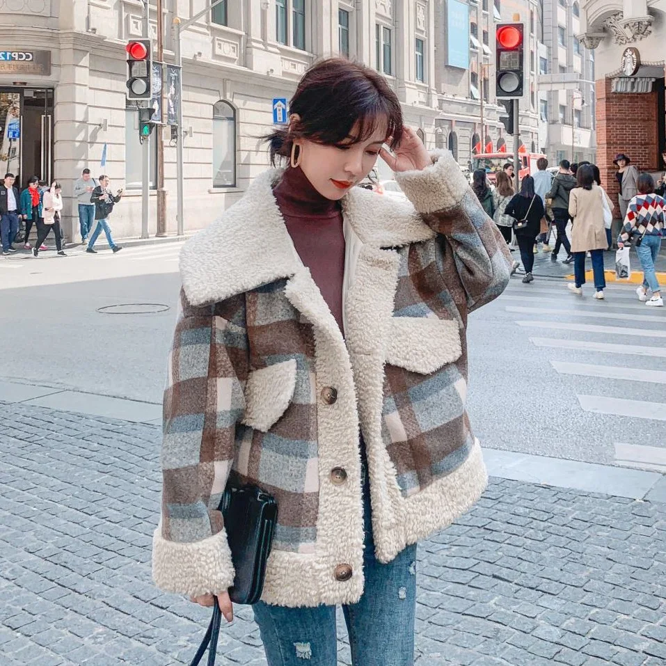 

Photo Shoot Main Push CHIC Retro Brown Plaid Large Lapel Single-Breasted Lambs Wool Joint Woolen Jacket Women's Loose-Fit
