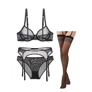 

Europe And America Hot Selling Underwear Ultra-Thin Transparent Mesh Bra Set And Garter Matching Silk Stockings 4 Pieces in a Se