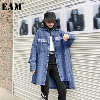 

[EAM] Loose Fit Blue Letter Asymmetrical Big Size Denim Jacket New Lapel Long Sleeve Women Coat Fashion Tide Spring 2020 1N842