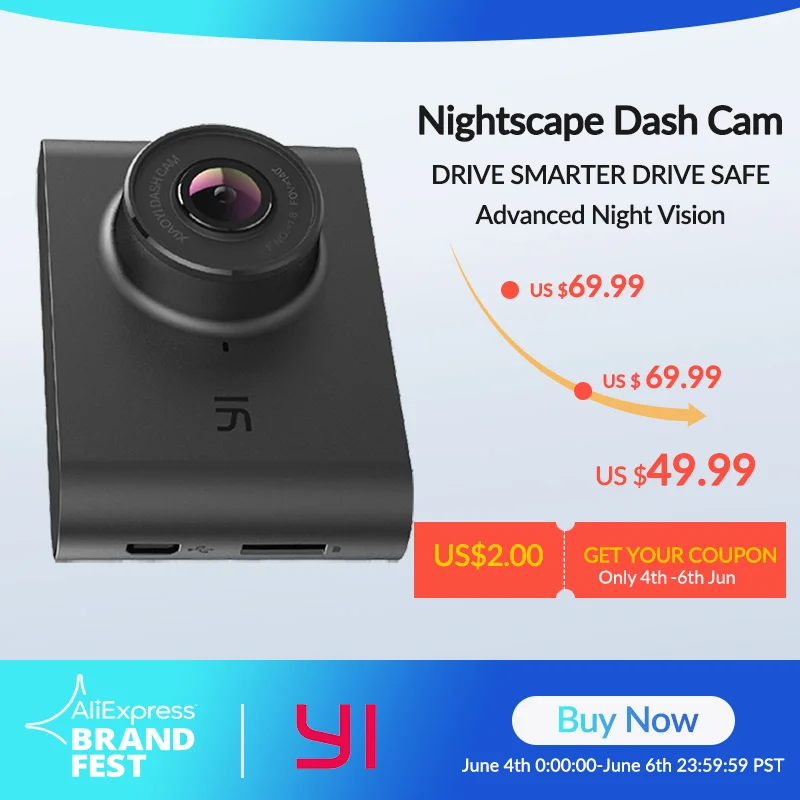  Видеорегистратор YI Nightscape Dash | Широкоугольный объектив 140 градусов | 2.4" ЖК-экран | Датчик изображения Sony IMX307 | Система помощи водителю ADAS |…