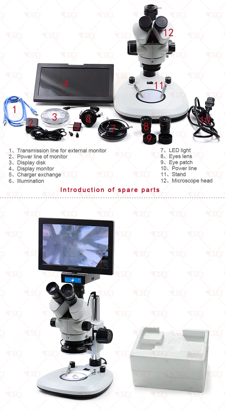 New in zoom ratio 7-45X with double lights and monitor with camera of  high pixel trinocular microscope