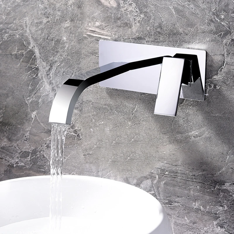 

Brass Basin Faucets Wall Mounted Waterfall Sink Faucet Chrome Finished Bathroom Mixer Tap Hidden Taps With Embedded Box