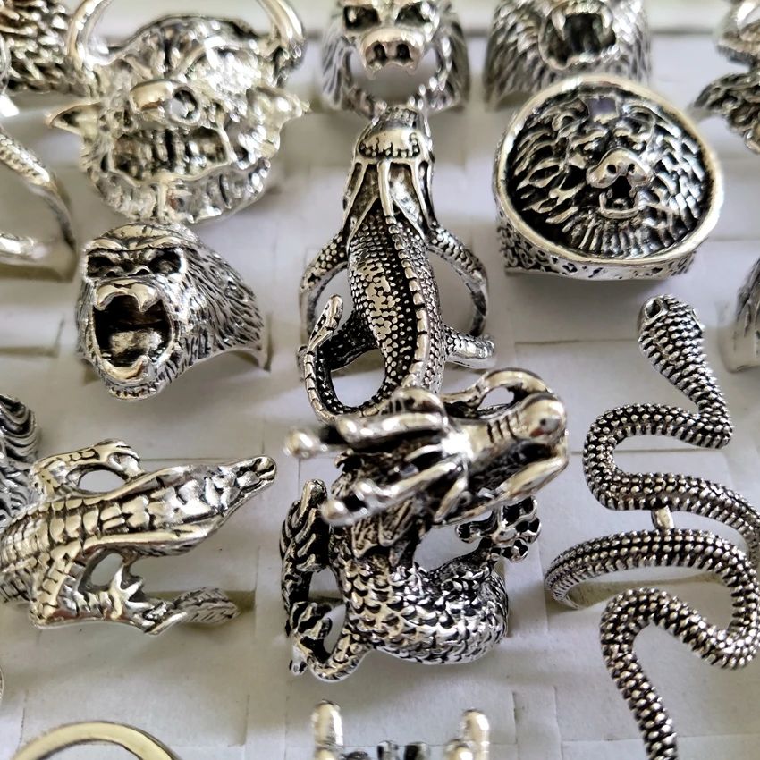 25pcs/lot Animals Rocker Biker Man Ring Dragon Snake Elephant Owl Big Men Ring Party Gift Wholesale Mixed 5