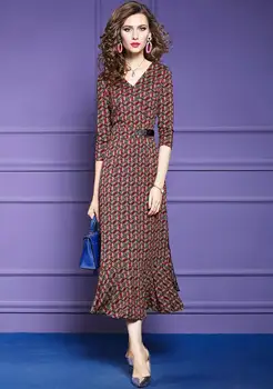 

Spring Full Sleeve Print Long Dress Vintage Elegant Womens Long Evening Dresses Plus Size Korean Women Clothes