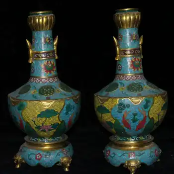 

18.5" Collect Chinese Qing Dynasty Cloisonne Enamel Bronze Lotus Root Pair Vase