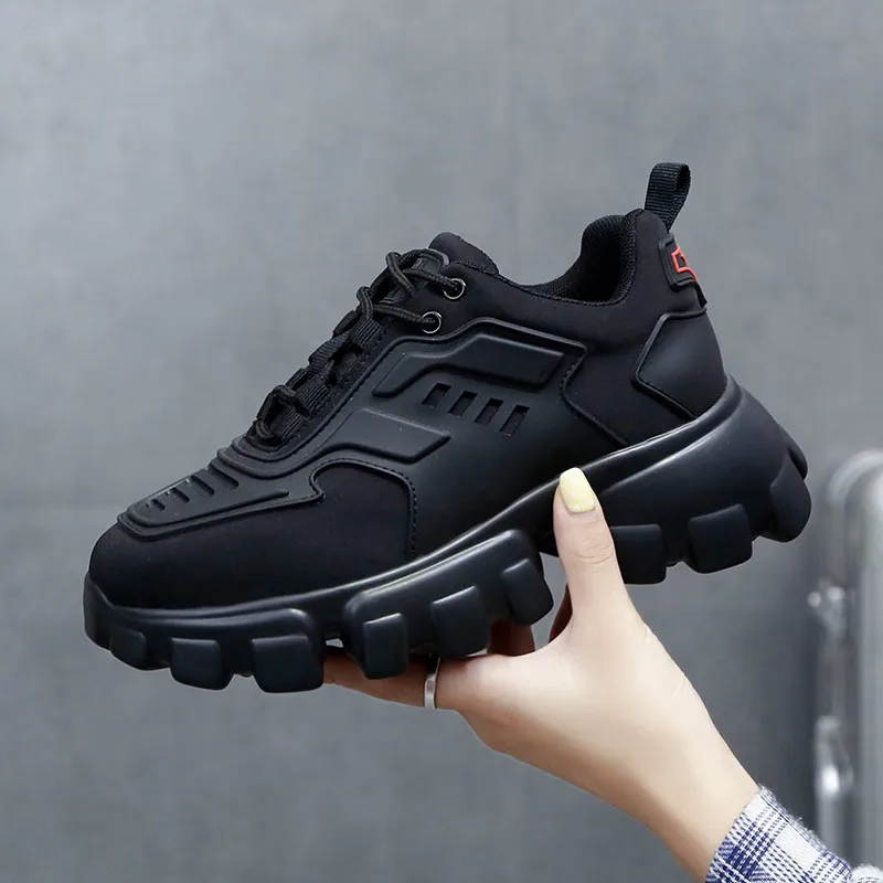 Leather women's sports shoes thick bottom increased latest trend luxury wild casual high quality designer explosion tide - Цвет: black