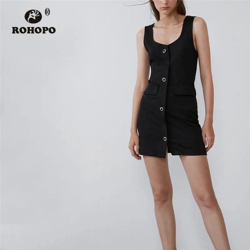 

ROHOPO Sleeveless Buttons Fly Straight Back Mini Dress Autumn Side Pockets Solid Wide Strap Preppy Style Mini Vestido #9574