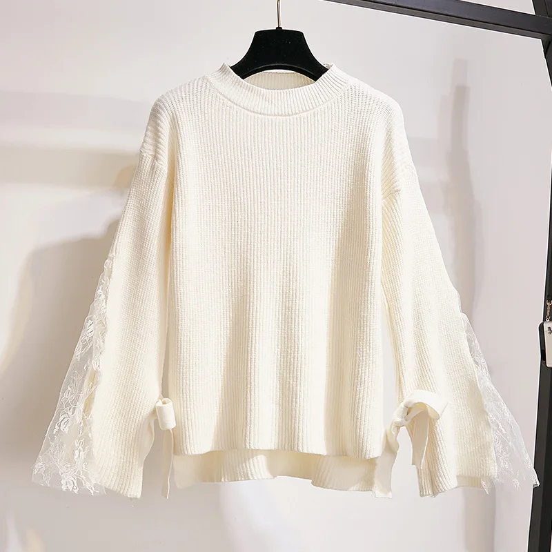 White sweater Женский комплект из 2 предметов с юбкой, кружевной зимний свитер в стиле пэчворк, топы и юбки, комплект из 2 предметов, Корейская Студенческая одежда, комплект из 2 предметов - Цвет: White sweater