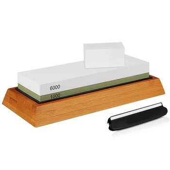 

HOT-Sharpening Stone, Whetstone 1000/6000 Grits Combination Knife Sharpener Kit Bamboo Base Angle Guide Flattening Stone