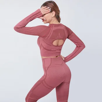 

Women 2pcs seamless knitted yoga suit sports quick-drying Long Sleeve Shirts elastic slim fit Leggings Workout Running yoga suit