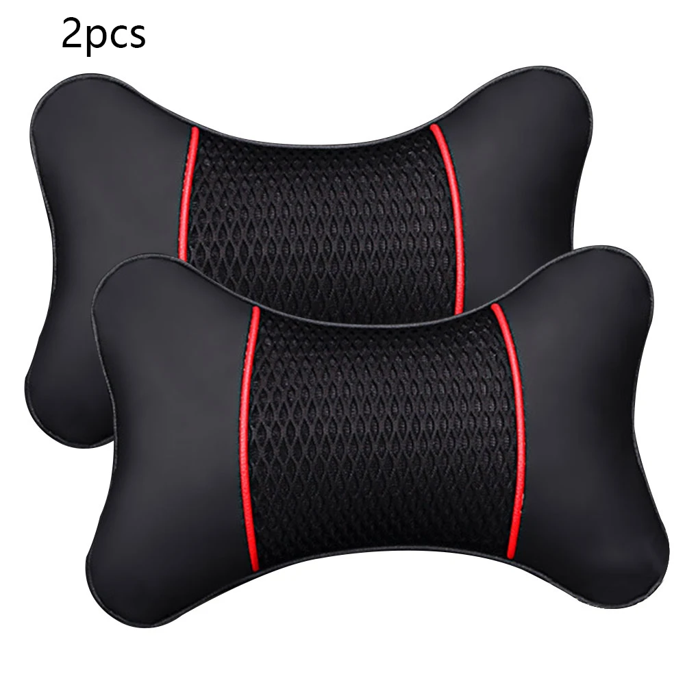 2Pcs PU Leather Knitted Car Pillows Headrest Neck Rest Cushion Support Seat Accessories Auto Black Safety Pillow Universal Decor
