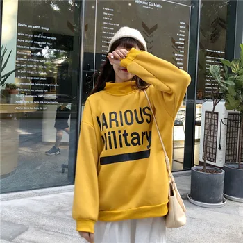 

Big Loose Half Turtleneck Letters Printed Back Velvet Thick Hooded Long Sleeve Female Sweatshirts Tracksuit Fashion Harajuku