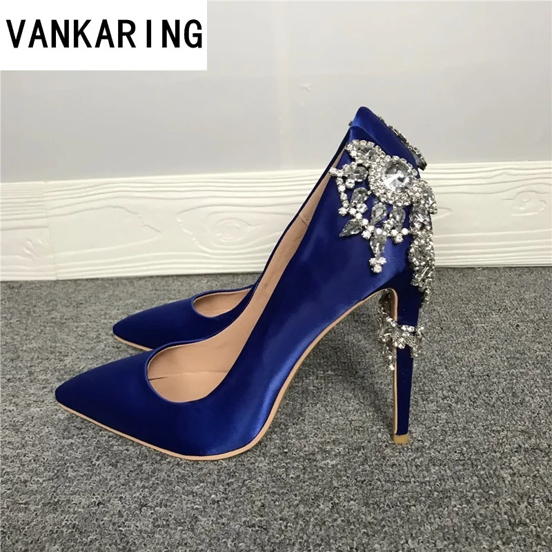 

elegant crystal pointed toe party wedding shoes women pumps solid fashion satin slip-on shallow thin high heels shoes for women