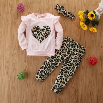 

9M-5Y Toddler Infant Kid Baby Girl Ruffle Long Sleeve Heart Top T-shirt Leopard Long Pants Headband Girl Clothes Outfit 3Pcs Set
