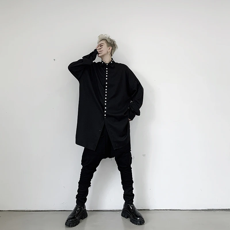 M-XL! Новинка весны, мужская Свободная рубашка с длинными рукавами, украшенная дикими темными пуговицами, Парикмахерская рубашка