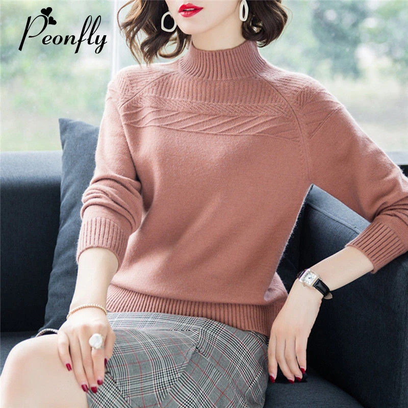 PEONFLY, Однотонный свитер с высоким воротником, Женская мода, осенне-зимние топы, вязаные пуловеры, джемпер с длинными рукавами, Pull Femme