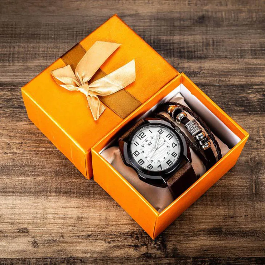 

2019 Men Watches with box Leather Top Band Quartz Wrist Watch relogio Gift Set for Boyfriend christmas for Dad Reloj Masculino