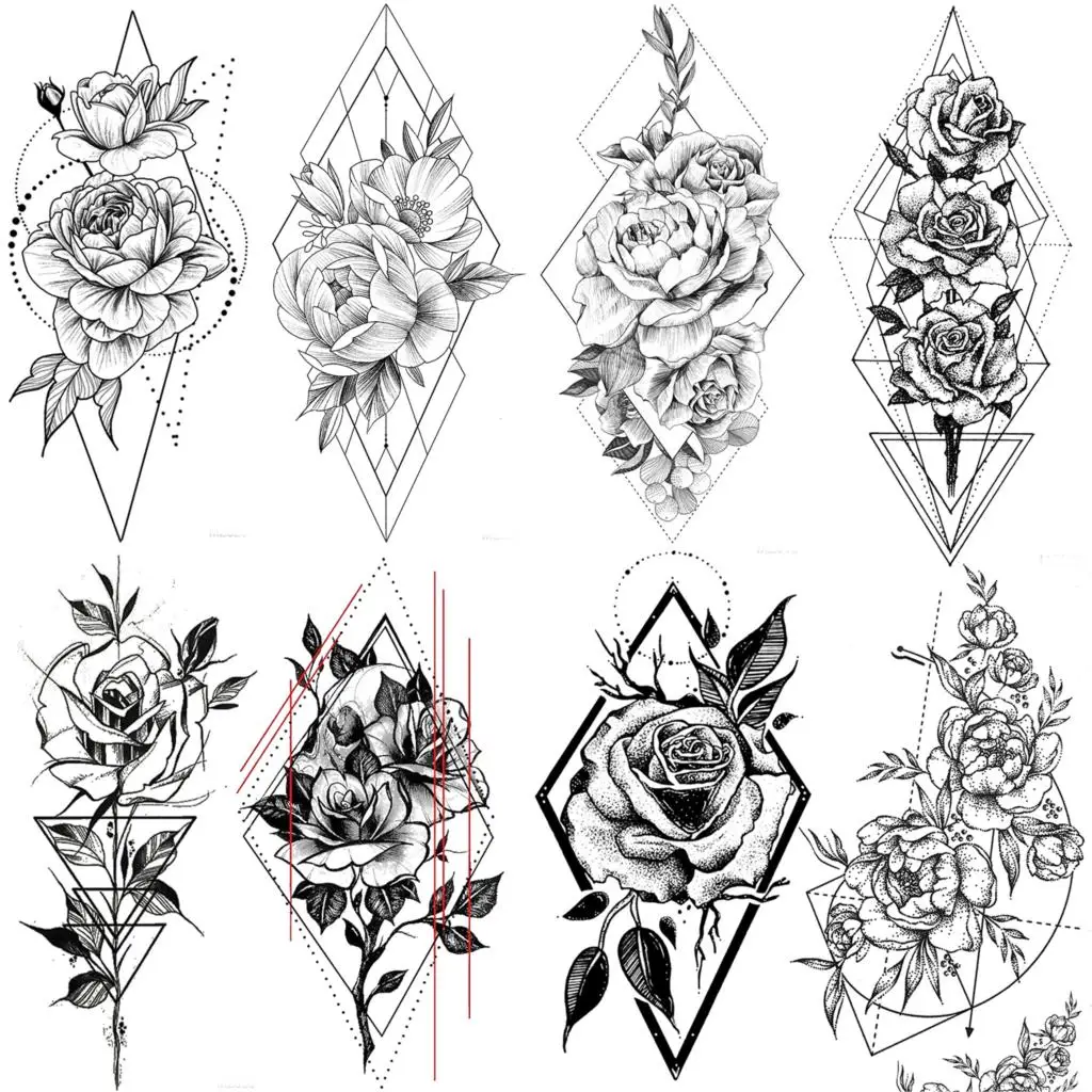 

Sexy Geometric Flower Temporary Tattoos Sticker For Women Adults Diamond Rose Tatoos Body Art Arm Back Fake Tattoo Floral Makeup