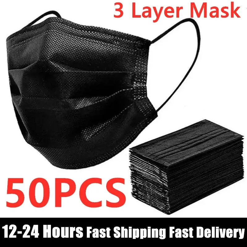 En Stock 10/50 Uds desechable máscara cara máscara negro no tejida 3 capas máscara de boca filtro Anti polvo transpirable protección máscaras de adulto