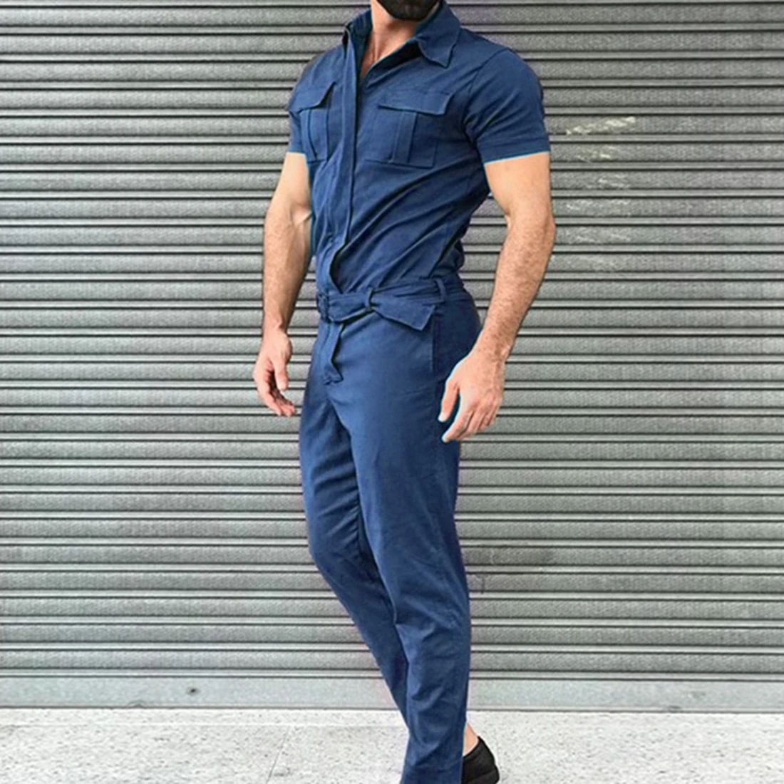 Mono de algodón con mezcla de algodón para Hombre Mono Casual entallado de manga corta sólido con cremallera pantalones de bolsillo