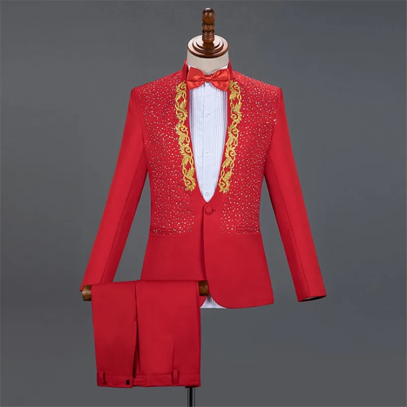 Мужские тонкие бриллианты вышитые печати три-ди мужчин sional пошив удобная посадка винтажный костюм для суда - Цвет: Красный